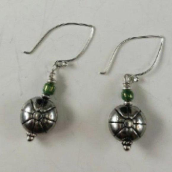 Silver Native Earrings with Green Beads - Picture 4 of 4